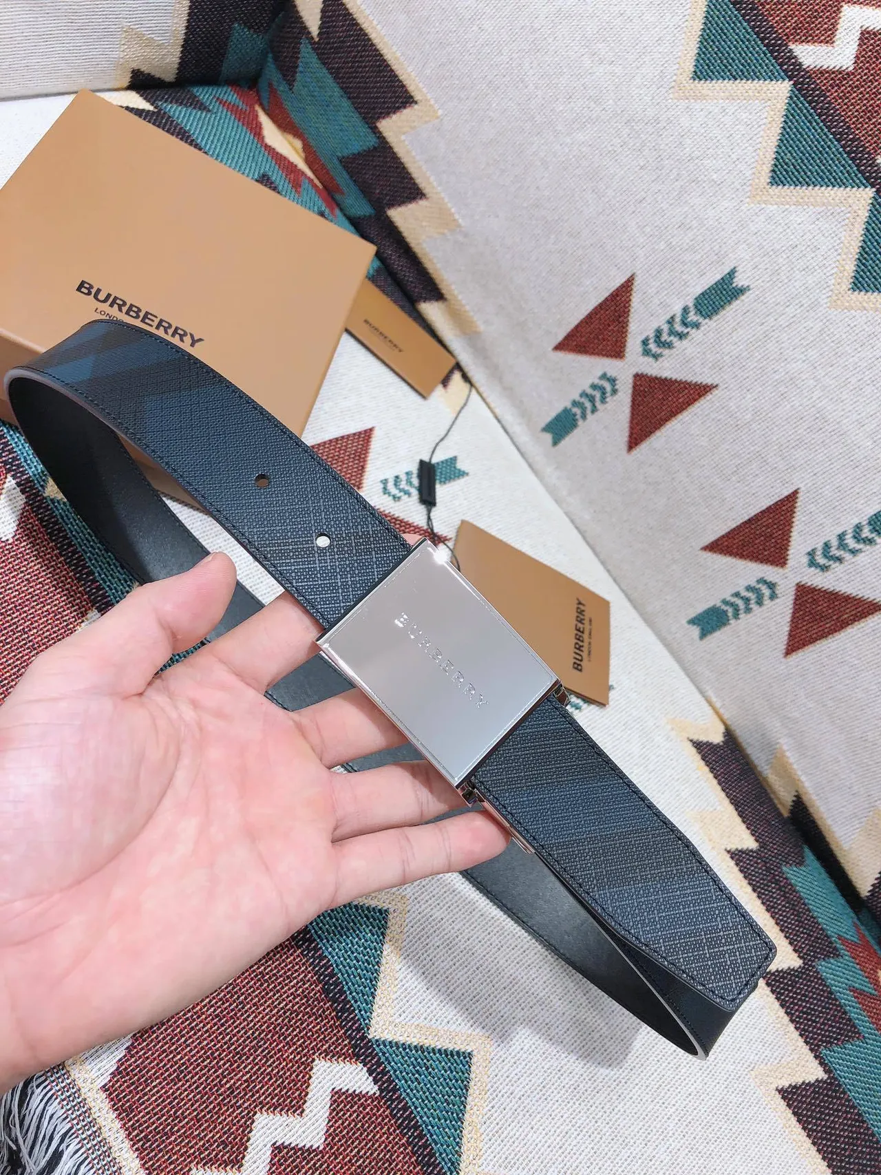 Burberry Knight Navy House Check Leather Belt 8