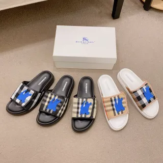 Burberry Slide Noir Bleu Motif Écossais Bride Surélevée Chevalier Équestre Sandales