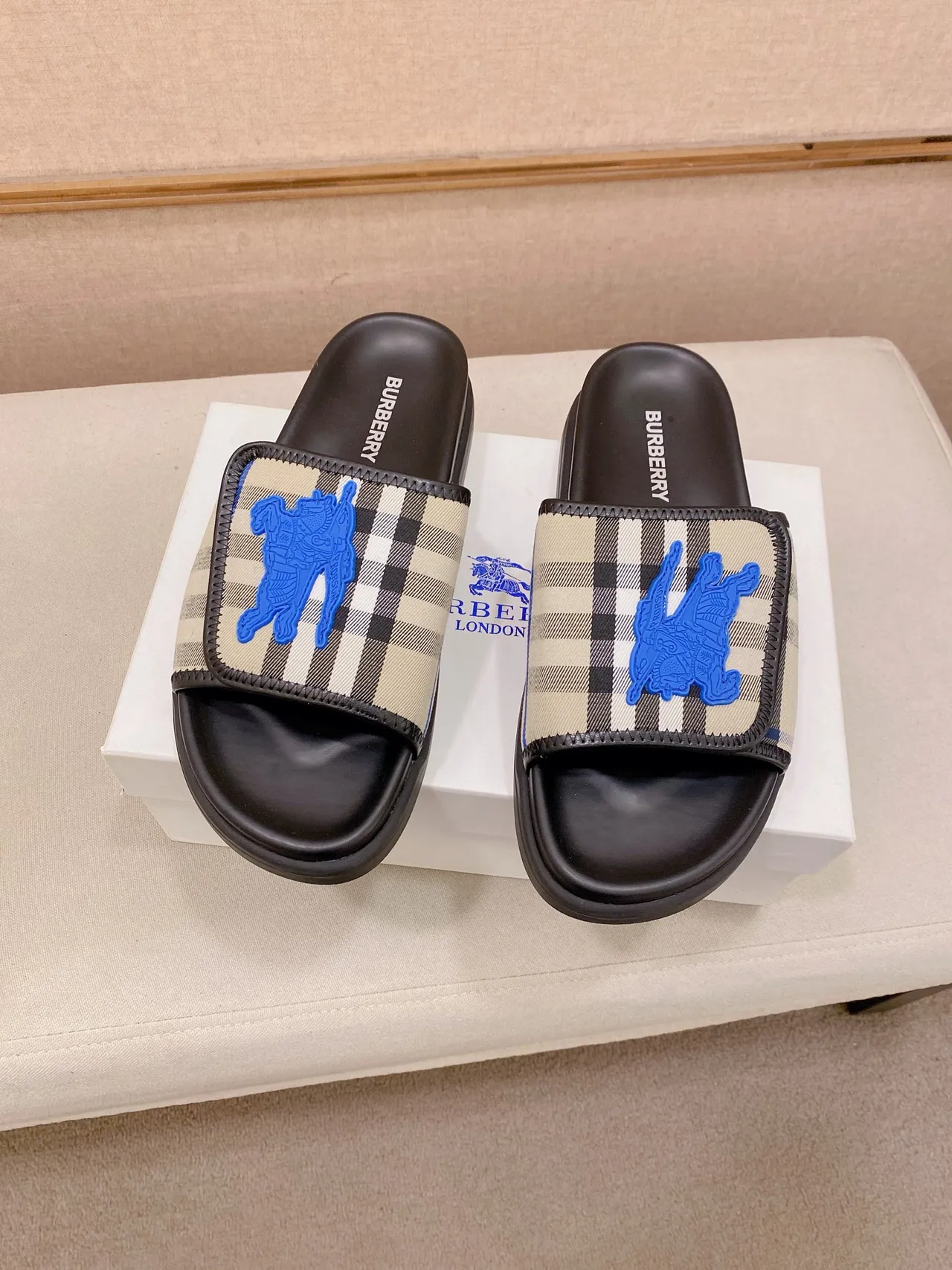 Burberry Slide Black Blue Check-Pattern Strap Raised Equestrian Knight Motif Slippers 6