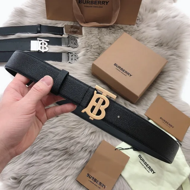 Burberry TB حزام أسود ذهبي ناعم حبيبي نقش إبزيم جلد حزام 2