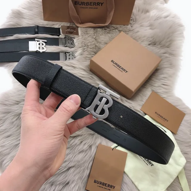Burberry TB حزام أسود ذهبي ناعم حبيبي نقش إبزيم جلد حزام 4