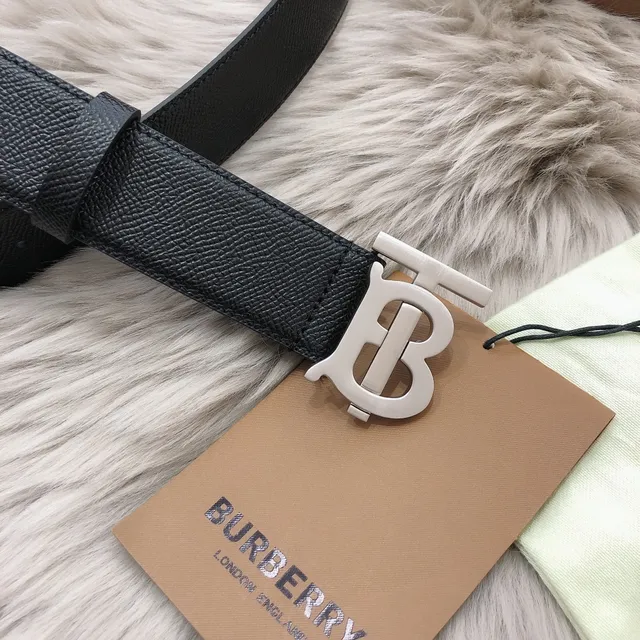 Burberry TB حزام أسود ذهبي ناعم حبيبي نقش إبزيم جلد حزام 5