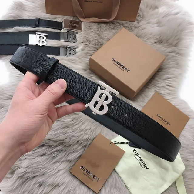 Burberry TB حزام أسود ذهبي ناعم حبيبي نقش إبزيم جلد حزام 6