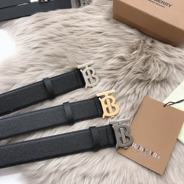 Burberry TB حزام أسود ذهبي ناعم حبيبي نقش إبزيم جلد حزام 7