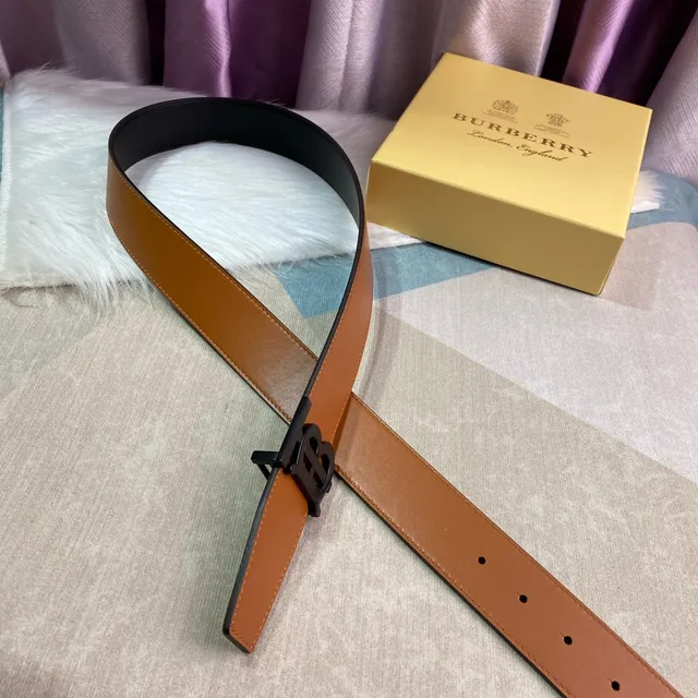 Burberry TB Cinto Marrom Preto Bege Liso Monograma Fivela Couro Cinto 4