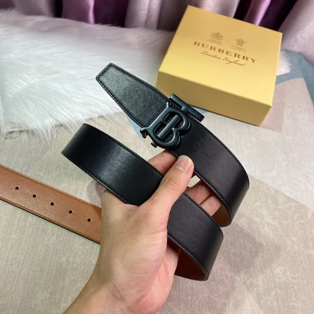 Burberry TB Cinto Marrom Preto Bege Liso Monograma Fivela Couro Cinto 6