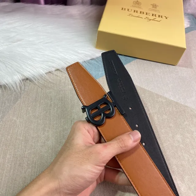 Burberry TB Cinto Marrom Preto Bege Liso Monograma Fivela Couro Cinto 7