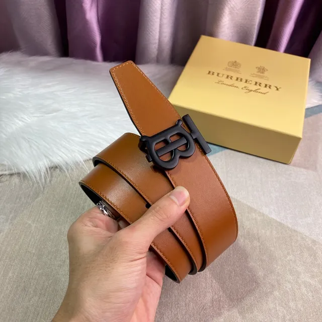 Burberry TB Cinto Marrom Preto Bege Liso Monograma Fivela Couro Cinto 8