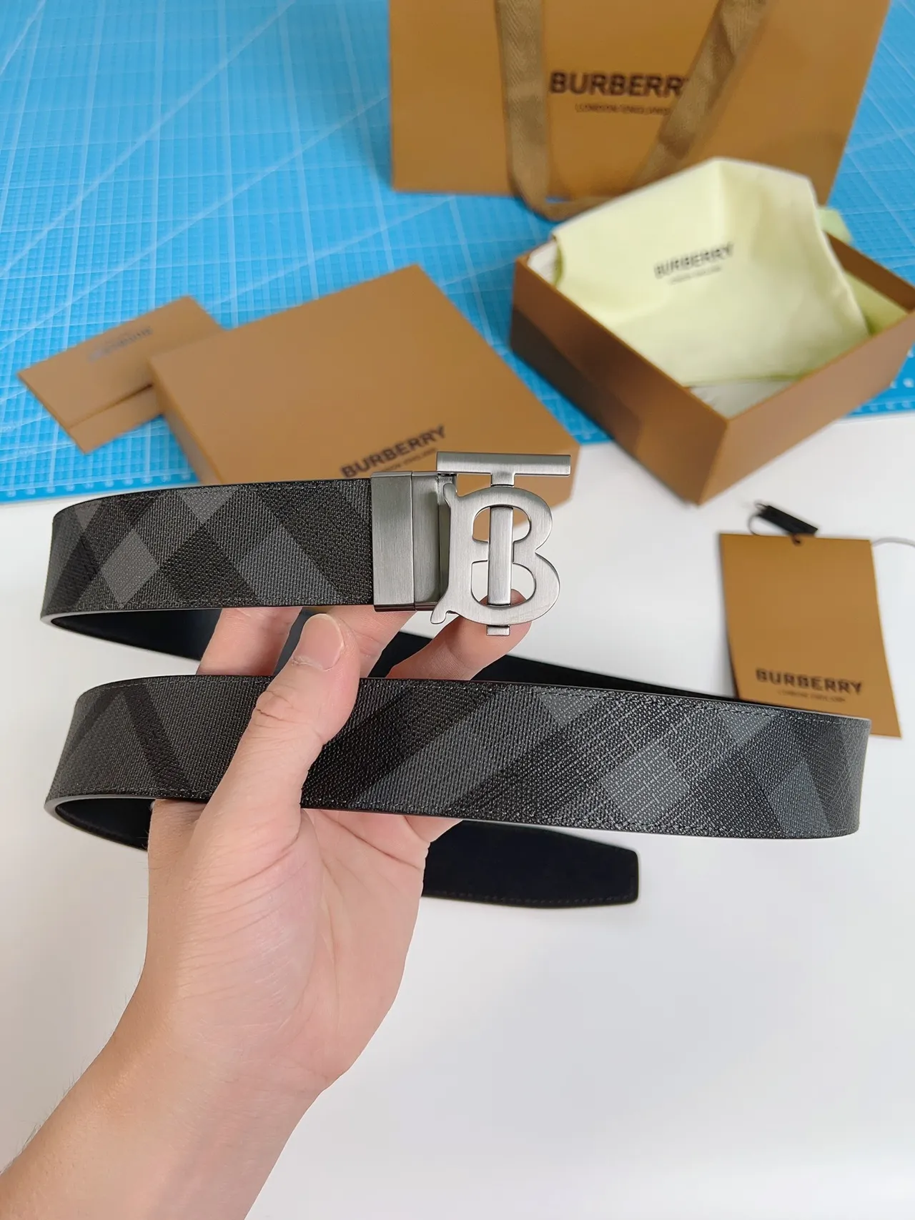 Burberry TB Monogram Check Belt Leather Belt 3