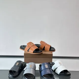 Burberry TB Summer Slide Double-Strap Monogram Slippers