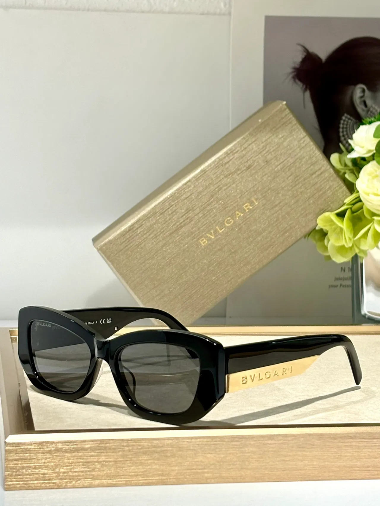 Bvlgari Angular Cat-Eye Marbled Black Gradient Lens Sunglasses 6