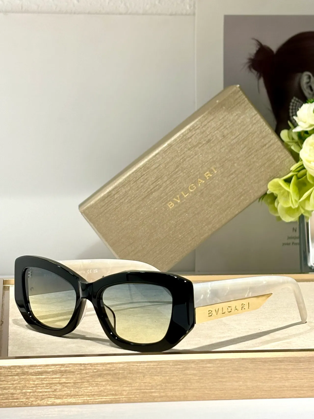 Bvlgari Angular Cat-Eye Marbled Black Gradient Lens Sunglasses 9