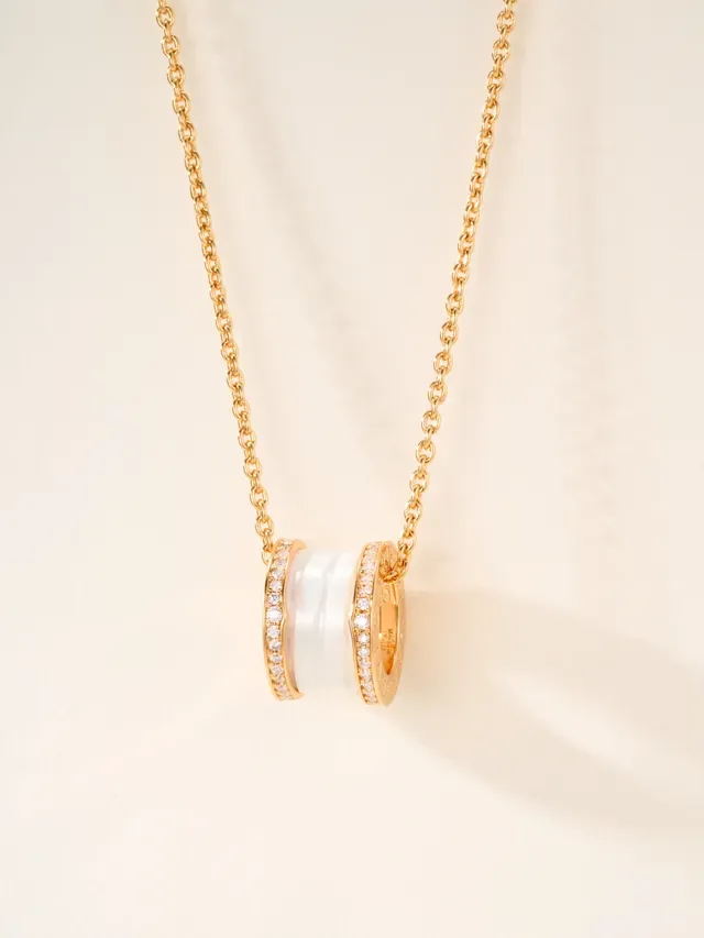 Bvlgari B.zero1 Gold Black Cylindrical Multi-Ring Pendant Pavé-Set Diamond Bezel Necklace 15