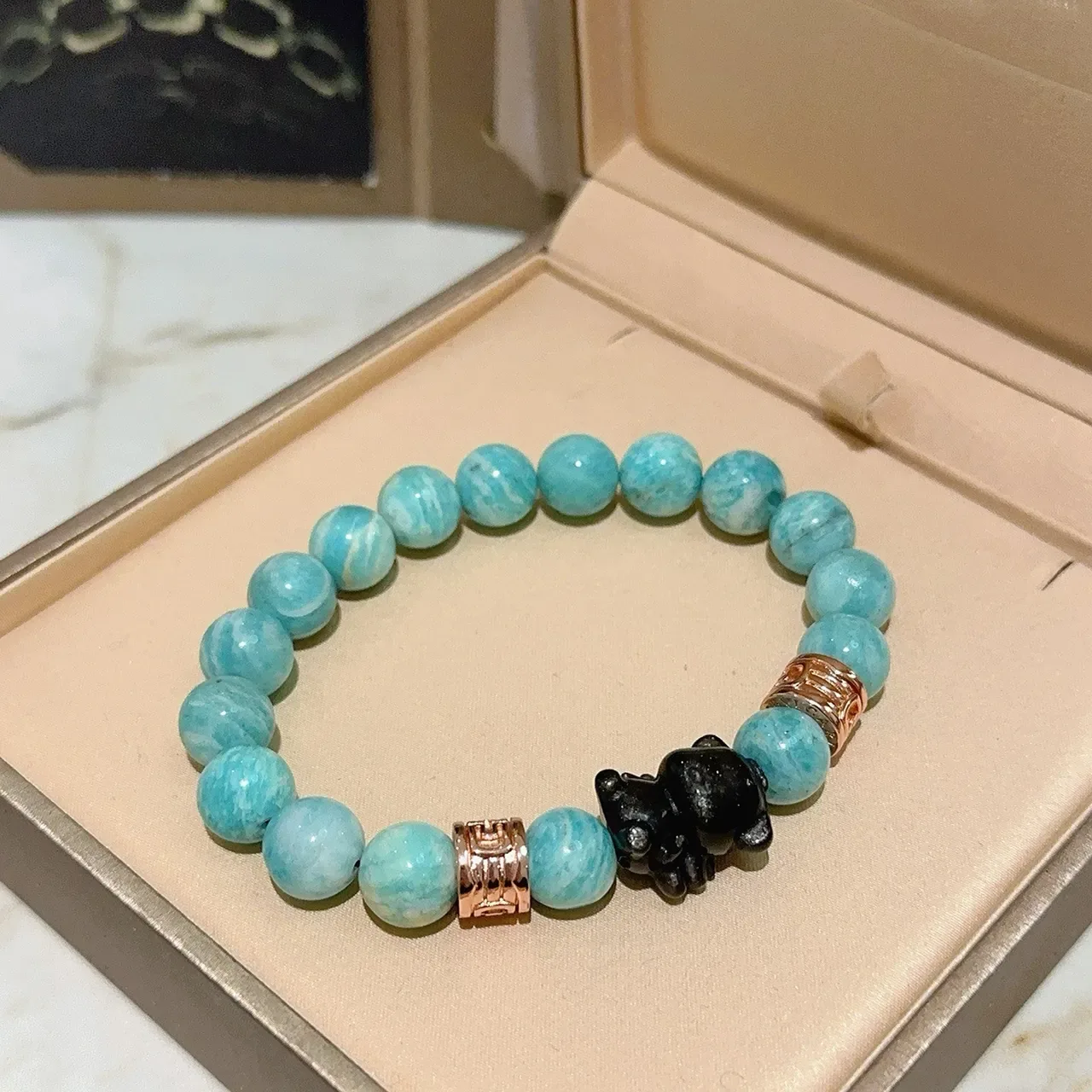 Bvlgari नीला काला मोती लोचदार हिरा अमेजॉनाइट स्टाइल पत्थर कंगन 4