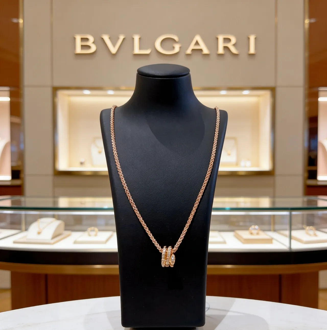 Bvlgari ذهبي ورد أبيض سلسلة مضفرة ماس بتات إغلاق ثلاثي الشريط قلادة 4