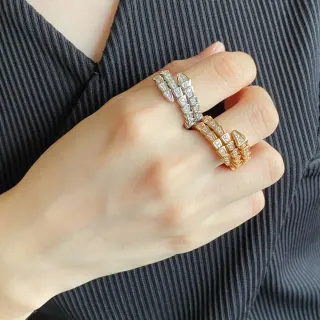 Bvlgari Serpenti خاتم ذهبي فضي لفة أفعى مع الماسات المرصعة Pavé-Set