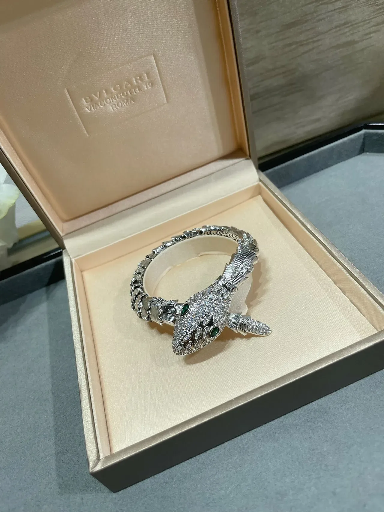 Bvlgari Serpenti Pavé Crystal and Emerald Eye Snake Bracelet 2