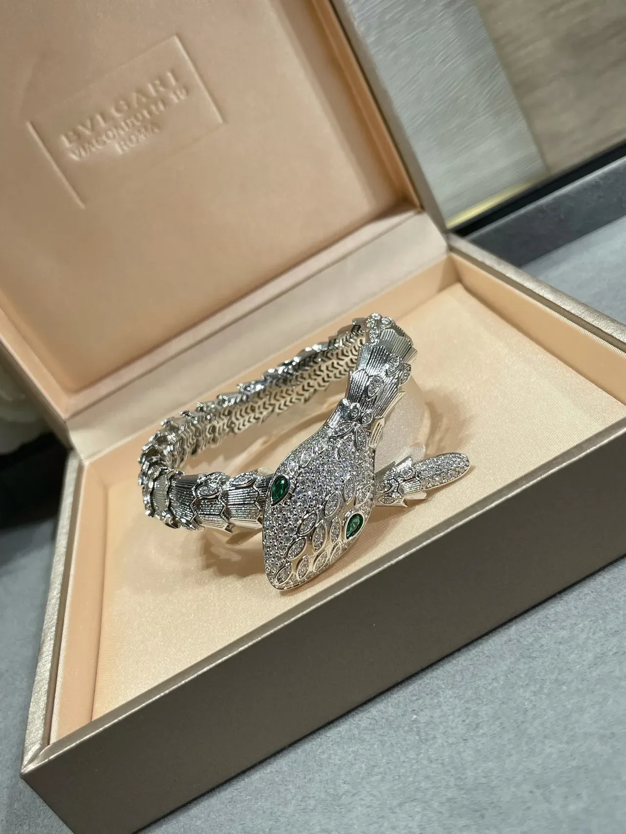 Bvlgari Serpenti Pavé Crystal and Emerald Eye Snake Bracelet 6