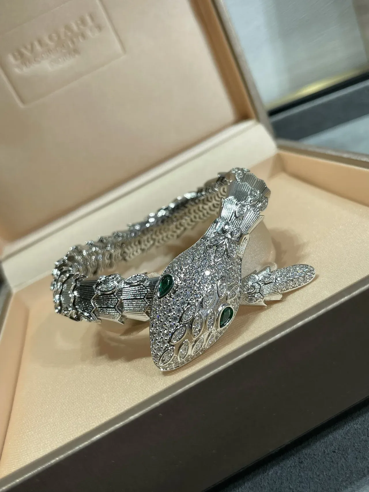 Bvlgari Serpenti Pavé Crystal and Emerald Eye Snake Bracelet 8
