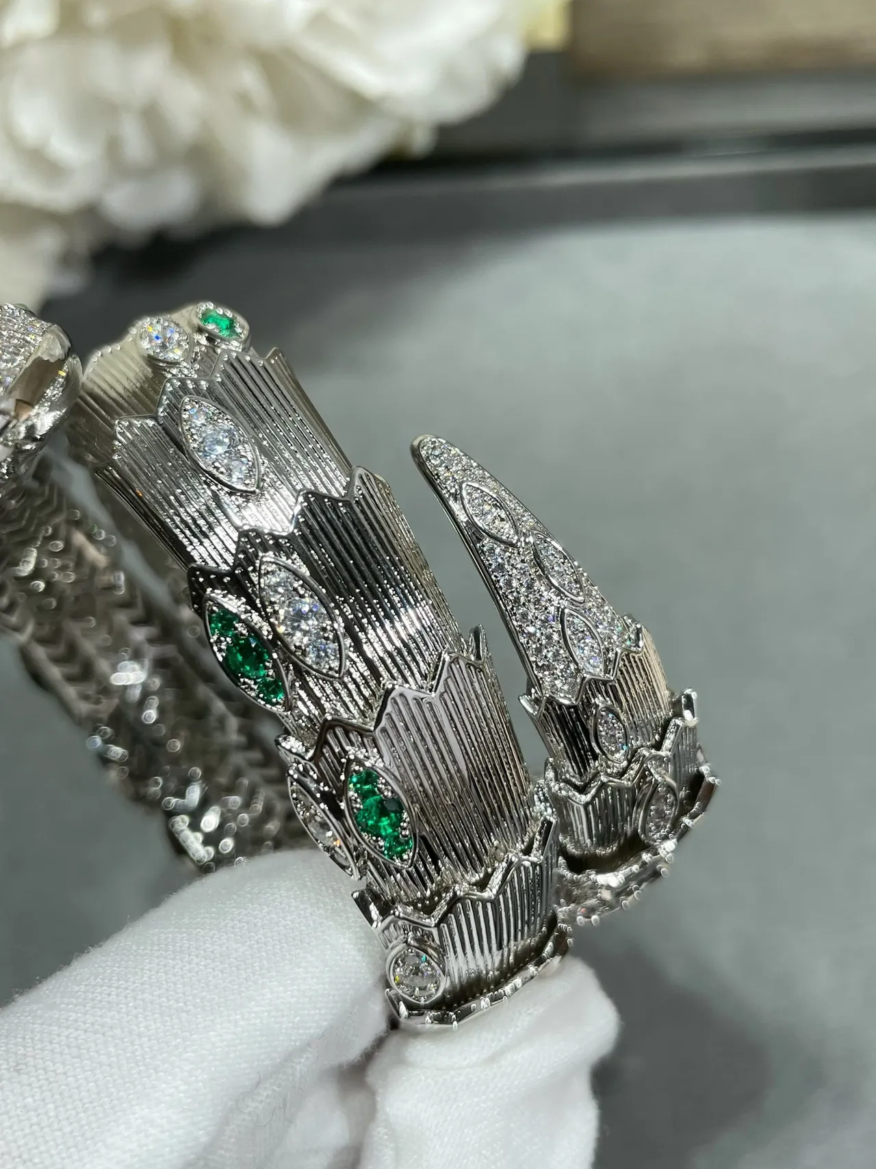 Bvlgari Silver Green Coiled Serpent Pavé Diamond Bracelet 2