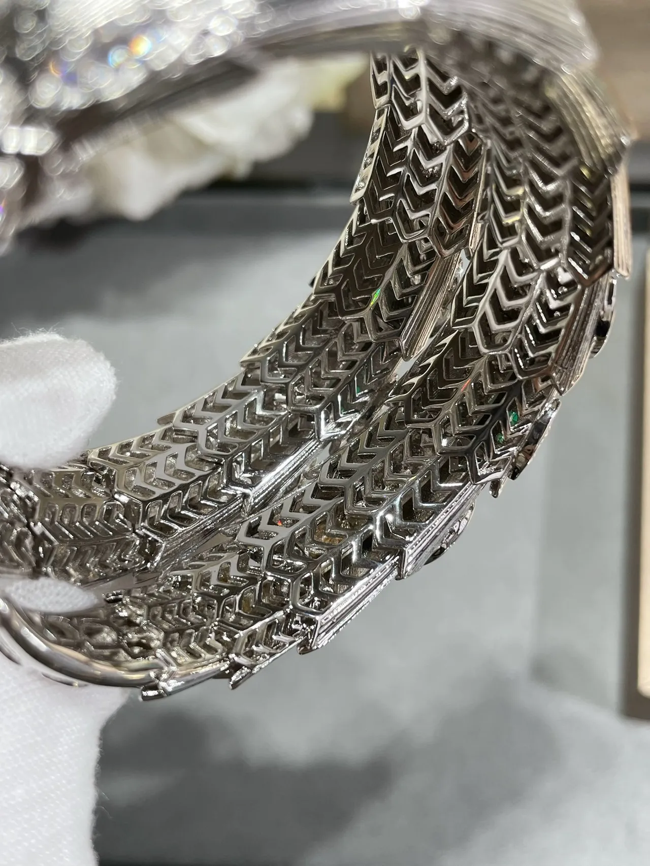 Bvlgari Silver Green Coiled Serpent Pavé Diamond Bracelet 3