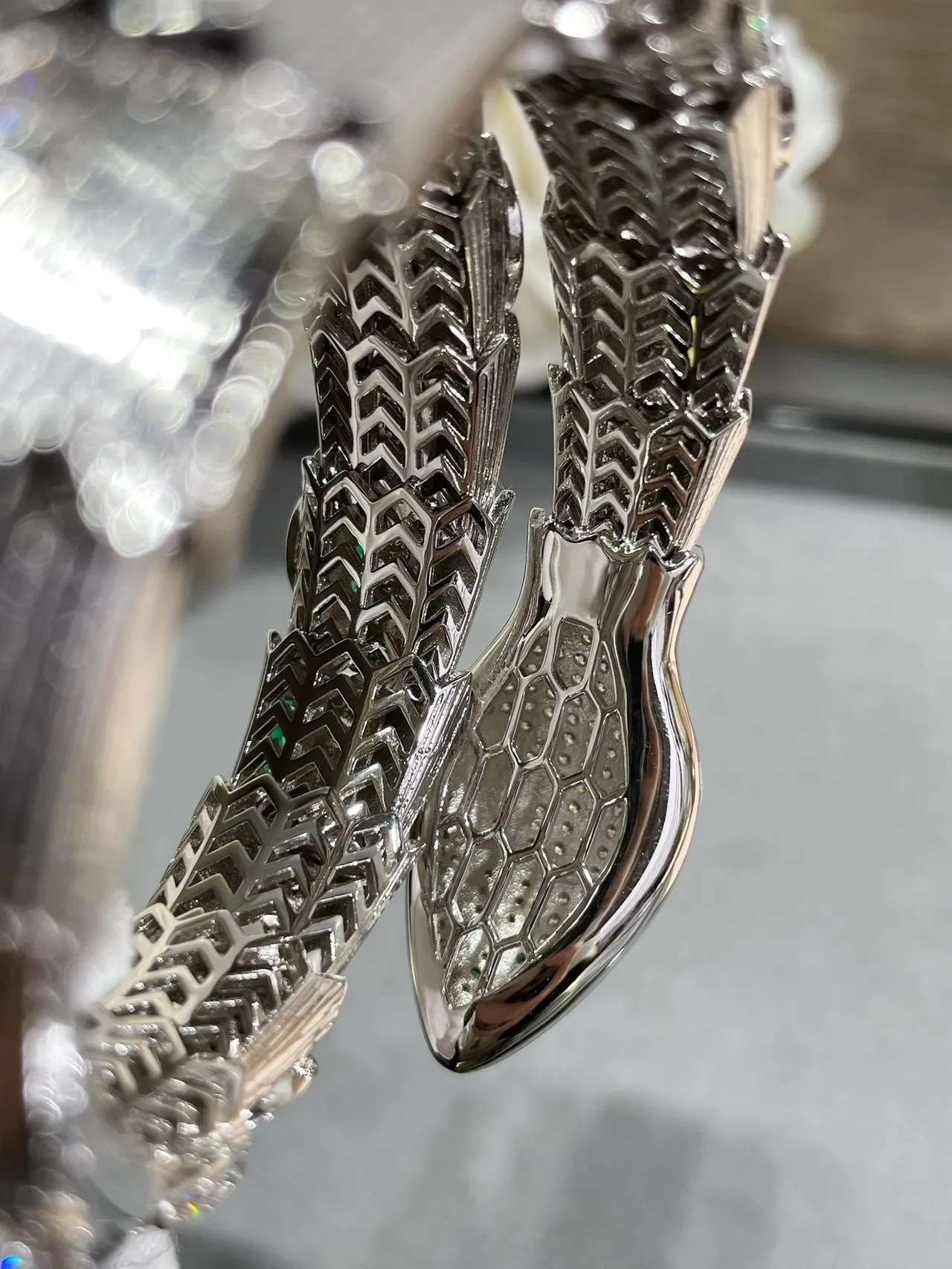 Bvlgari Silver Green Coiled Serpent Pavé Diamond Bracelet 4