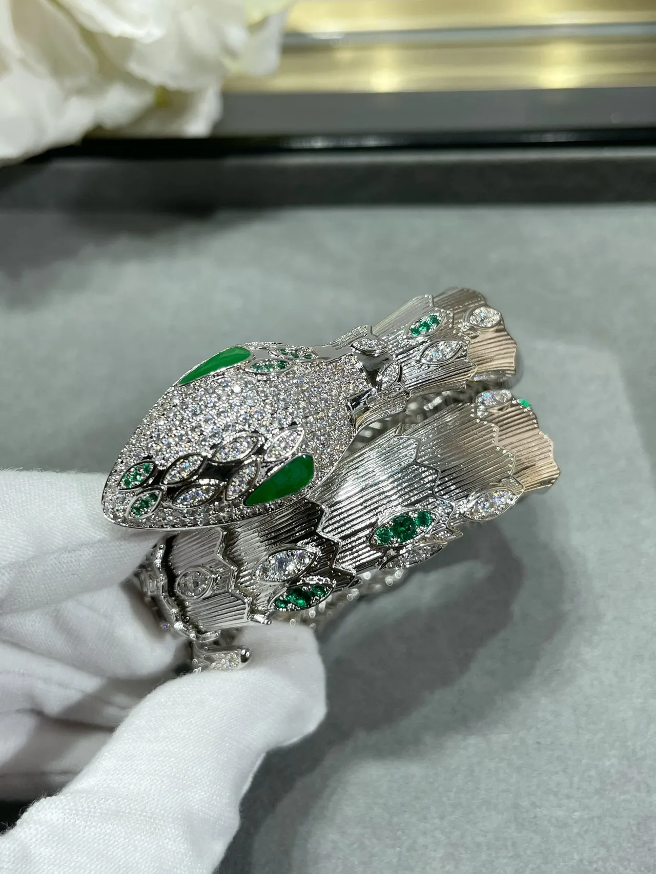Bvlgari Silver Green Coiled Serpent Pavé Diamond Bracelet 5