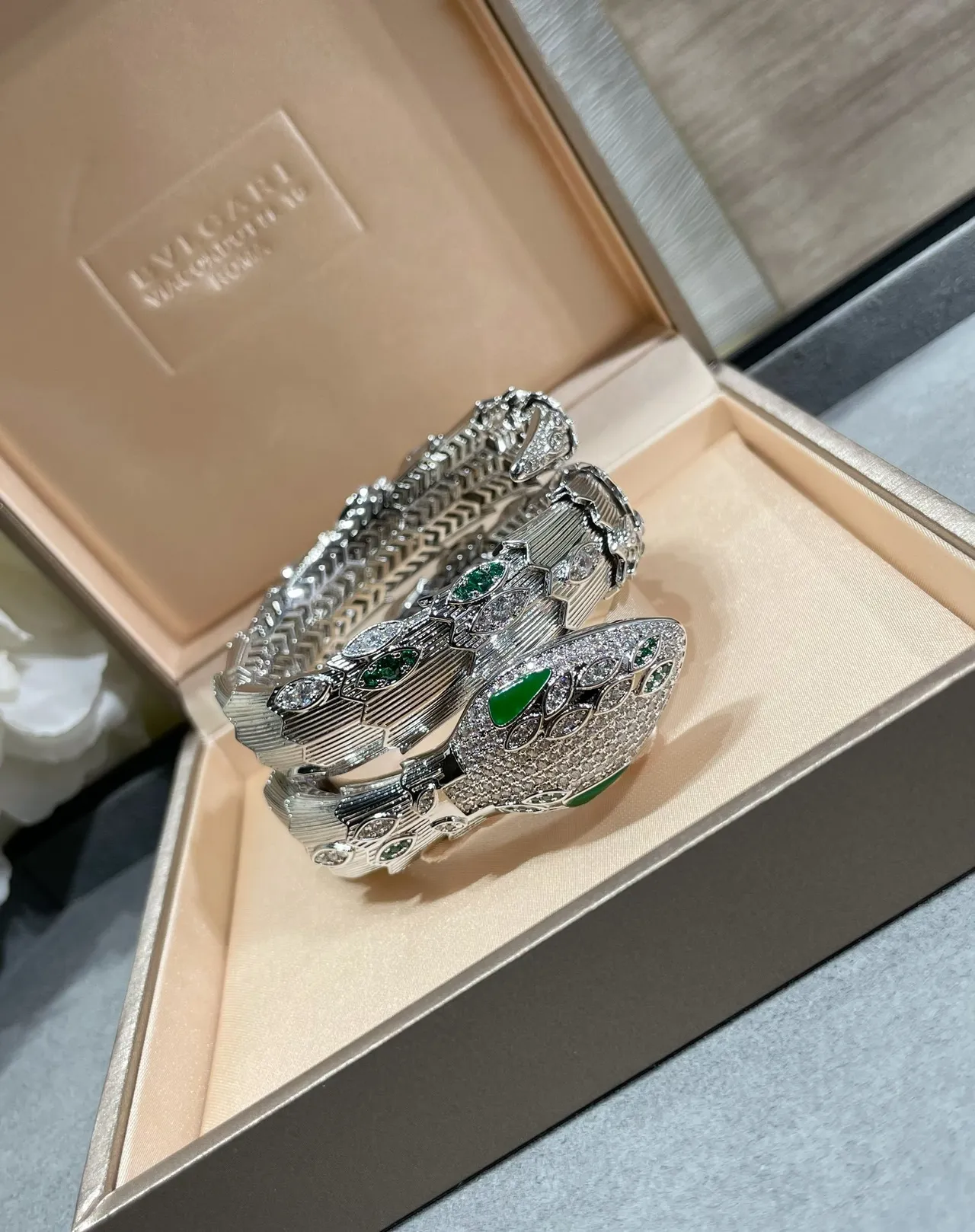 Bvlgari Silver Green Coiled Serpent Pavé Diamond Bracelet 6