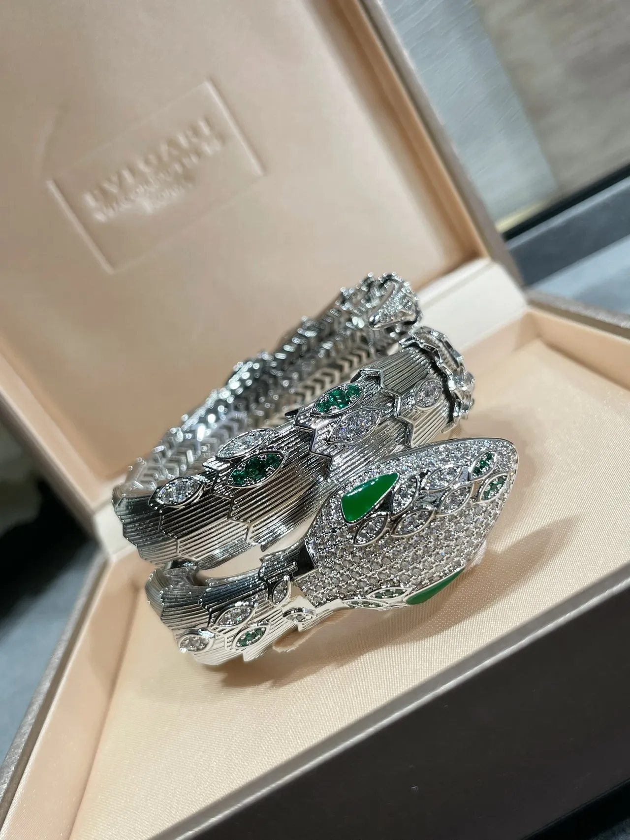 Bvlgari Silver Green Coiled Serpent Pavé Diamond Bracelet 7