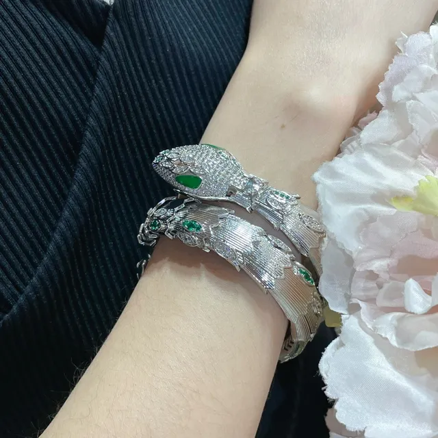 Bvlgari Silver Green Coiled Serpent Pavé Diamond Bracelet 9