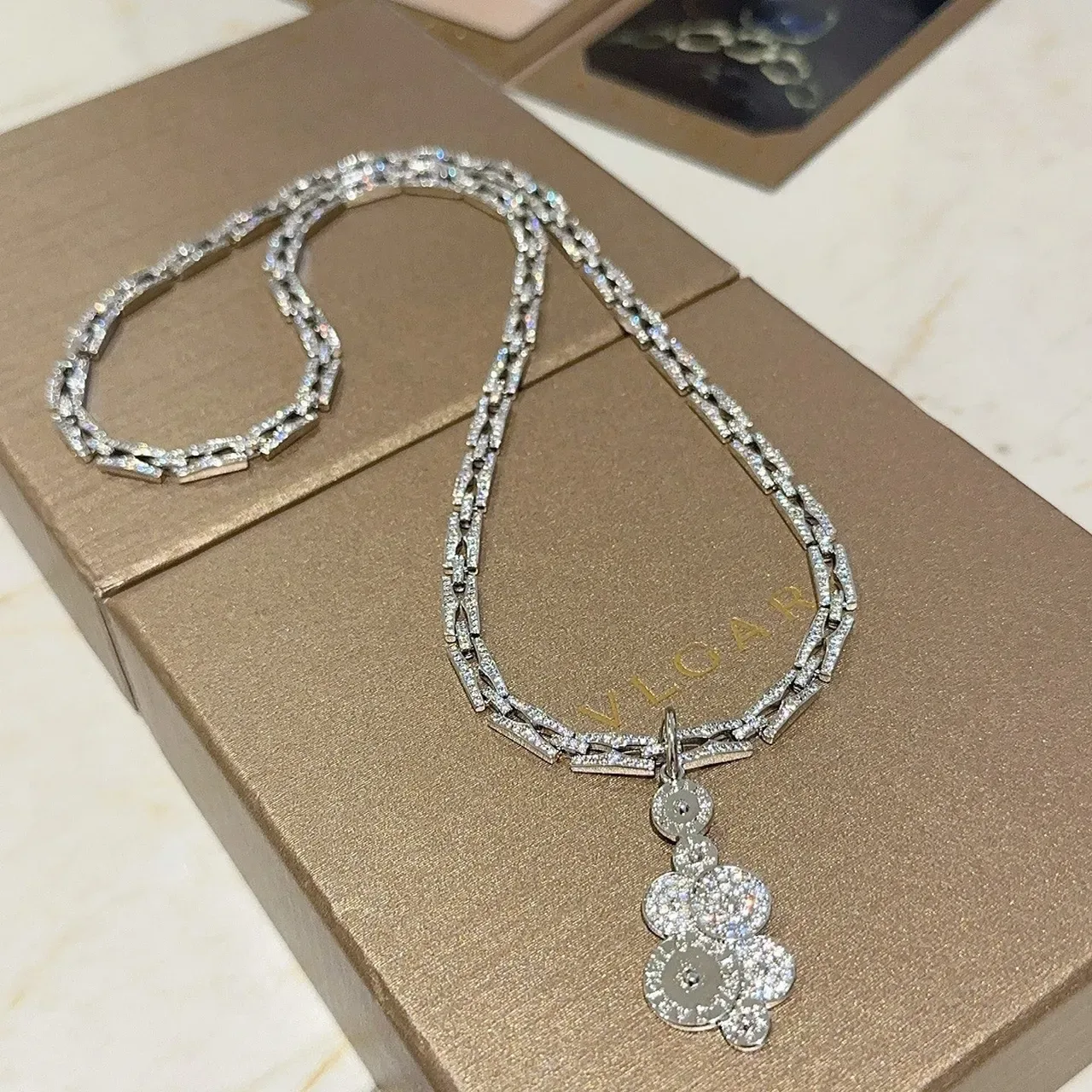Bvlgari Silver Transparent Pavé-Diamond Chain Multi-Disc Pendant Necklace 7