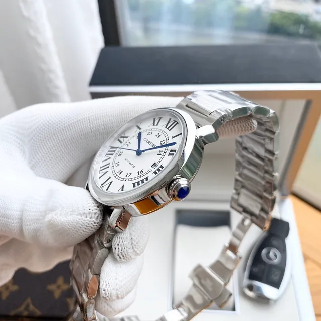 Cartier Ballon Bleu Silver White Round Stainless Steel Case Blue Sword-Shaped Hands Mechanical Watch 4