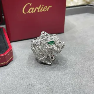 Cartier Panthère চাঁদি সবুজ জ্যামিতিক ওপেনওয়ার্ক পেভ-সেট ডায়মন্ড আংটি