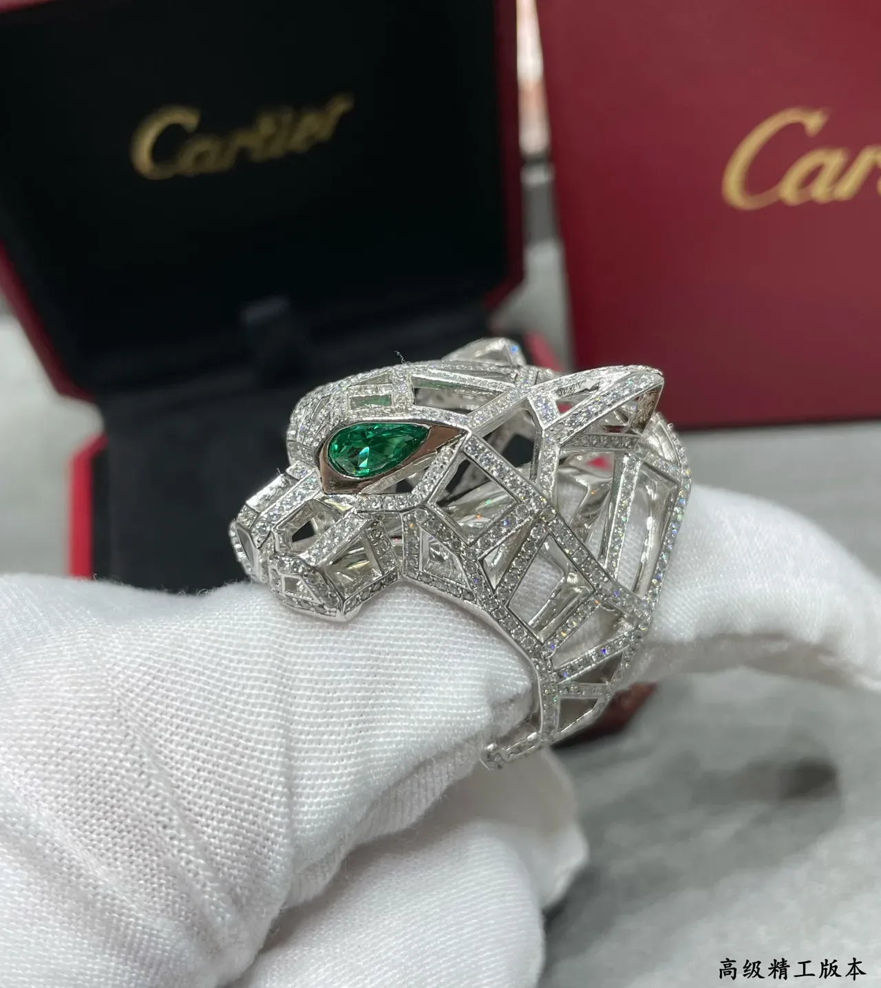 Cartier Panthère Silver Green Geometric Openwork Pavé-Set Diamonds Ring 5
