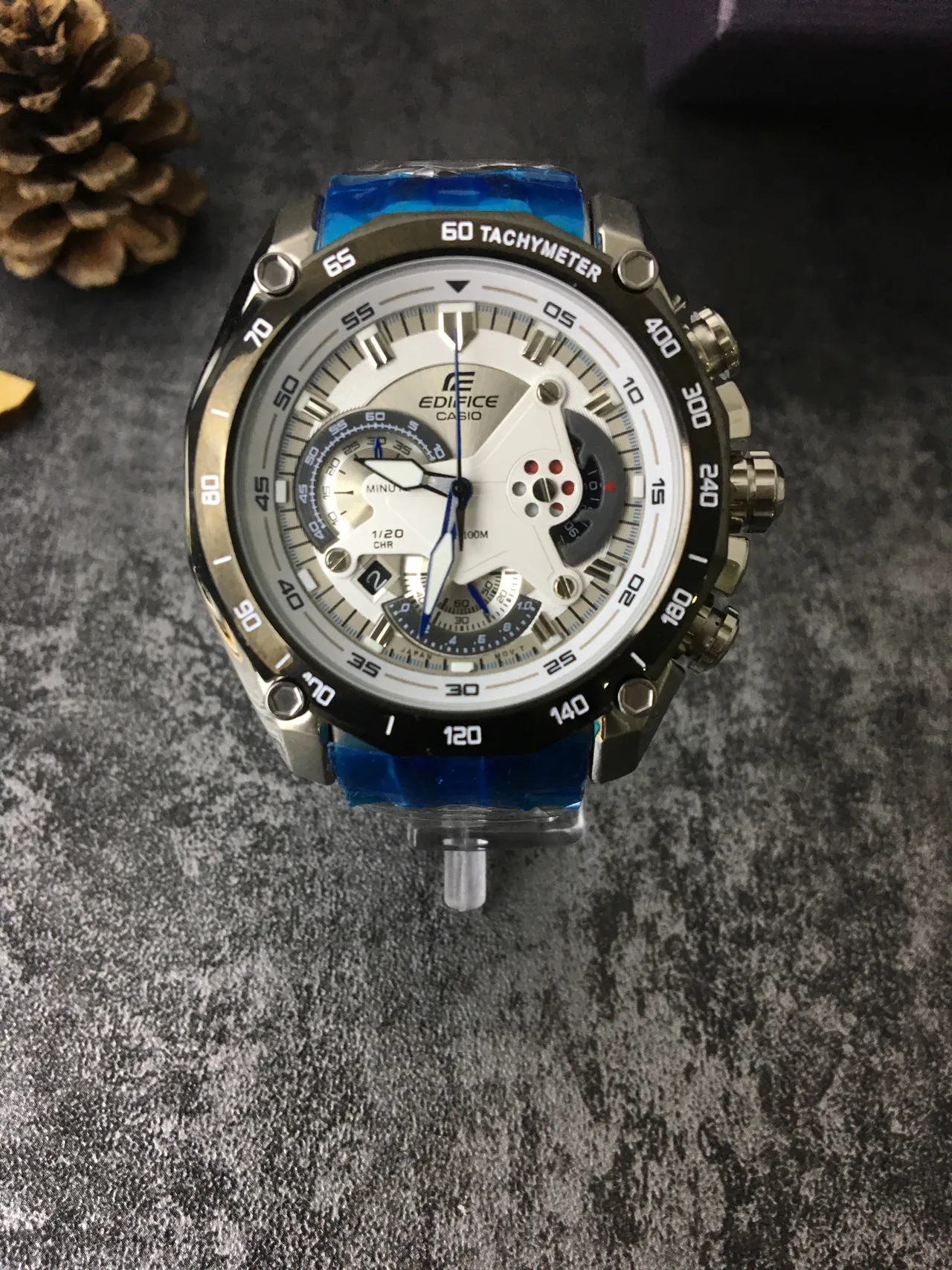 Casio Edifice রূপালী নীল মাল্টি ডায়াল ক্রোনোগ্রাফ ট্যাকিমিটার বেজেল ঘড়ি 4