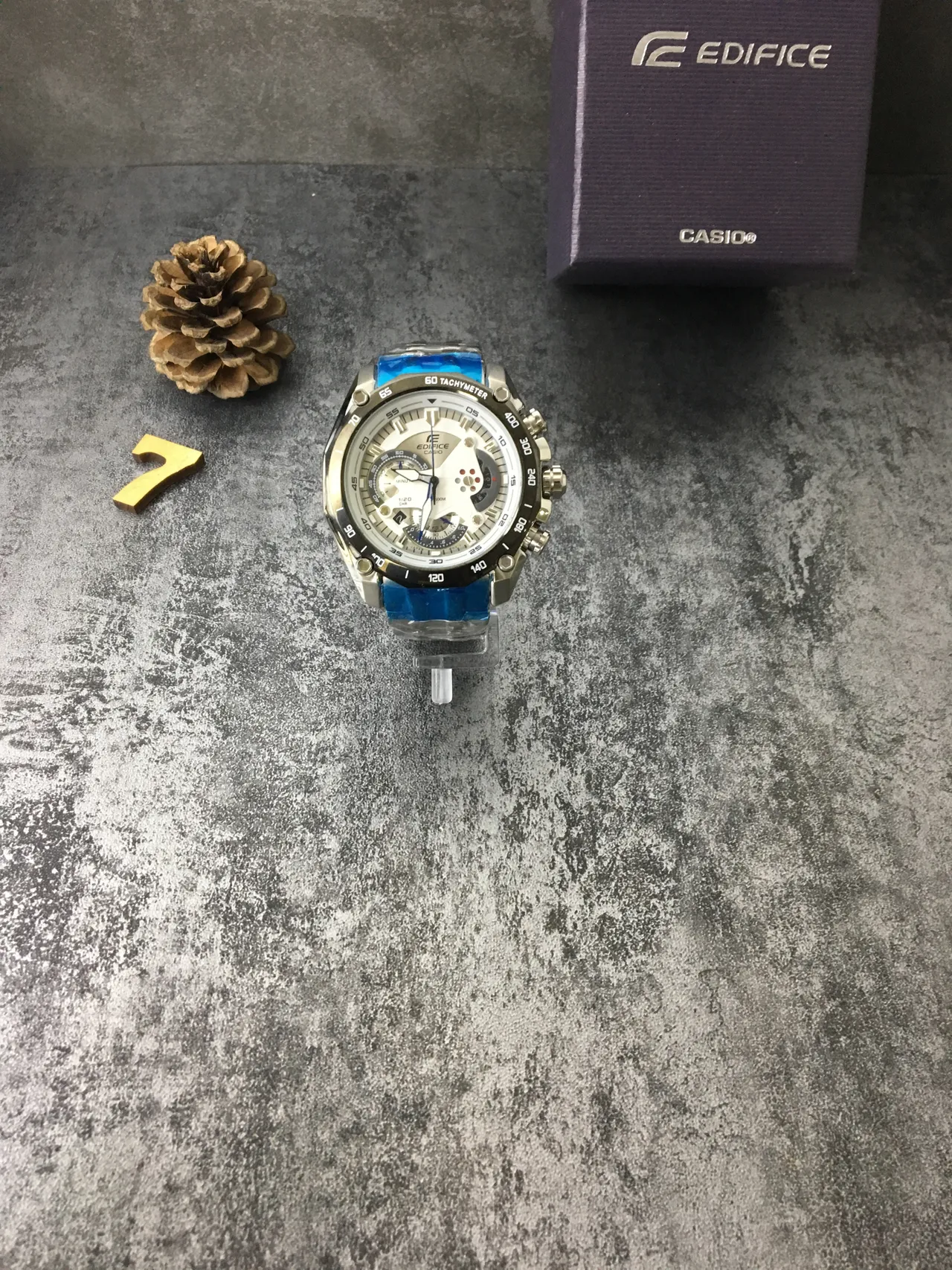 Casio Edifice রূপালী নীল মাল্টি ডায়াল ক্রোনোগ্রাফ ট্যাকিমিটার বেজেল ঘড়ি 5