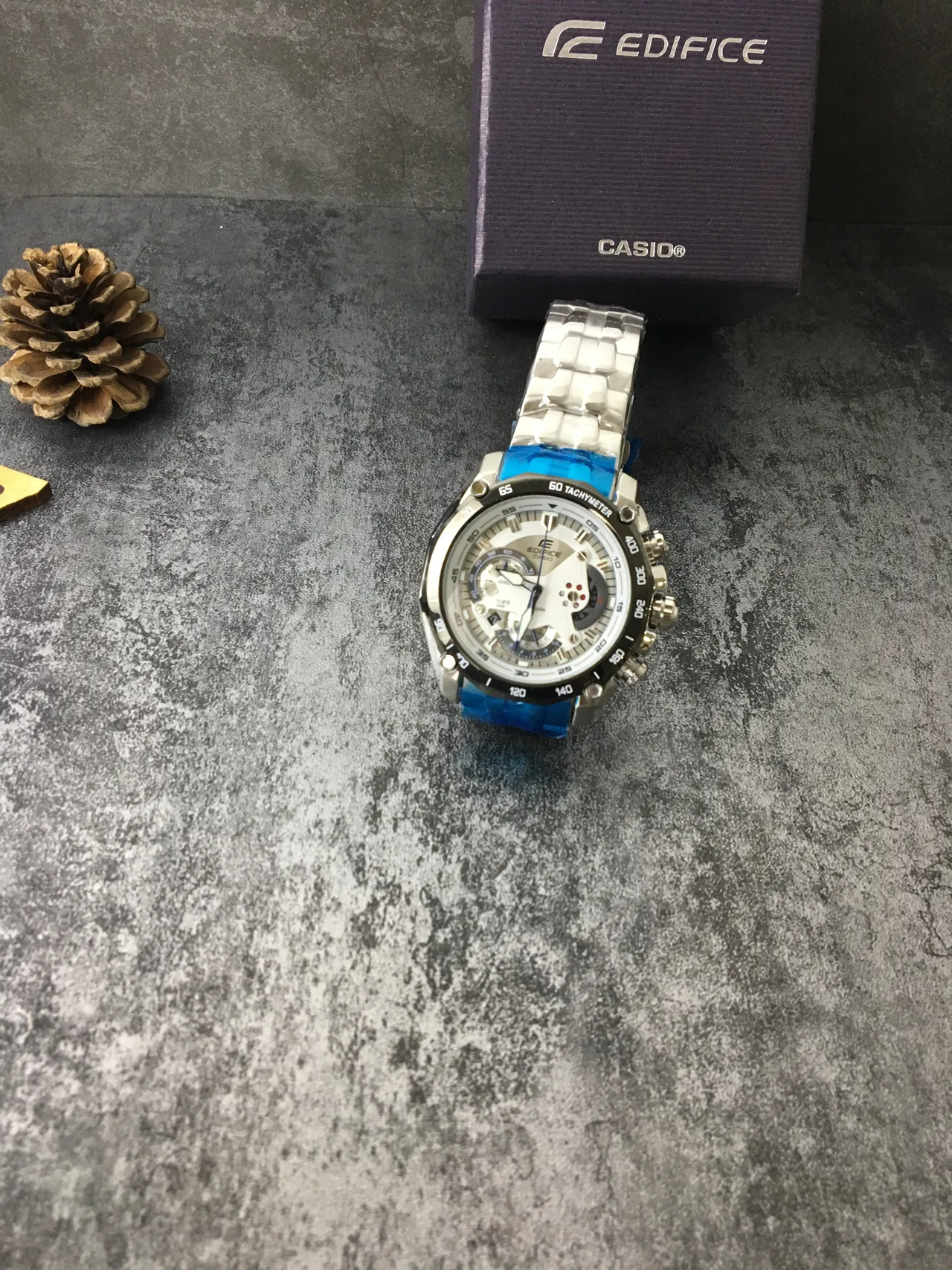 Casio Edifice রূপালী নীল মাল্টি ডায়াল ক্রোনোগ্রাফ ট্যাকিমিটার বেজেল ঘড়ি 6