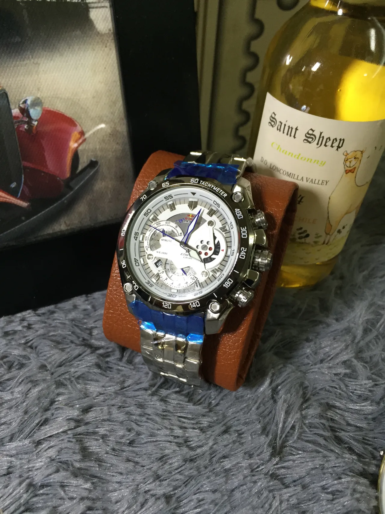 Casio Edifice রূপালী নীল মাল্টি ডায়াল ক্রোনোগ্রাফ ট্যাকিমিটার বেজেল ঘড়ি 7