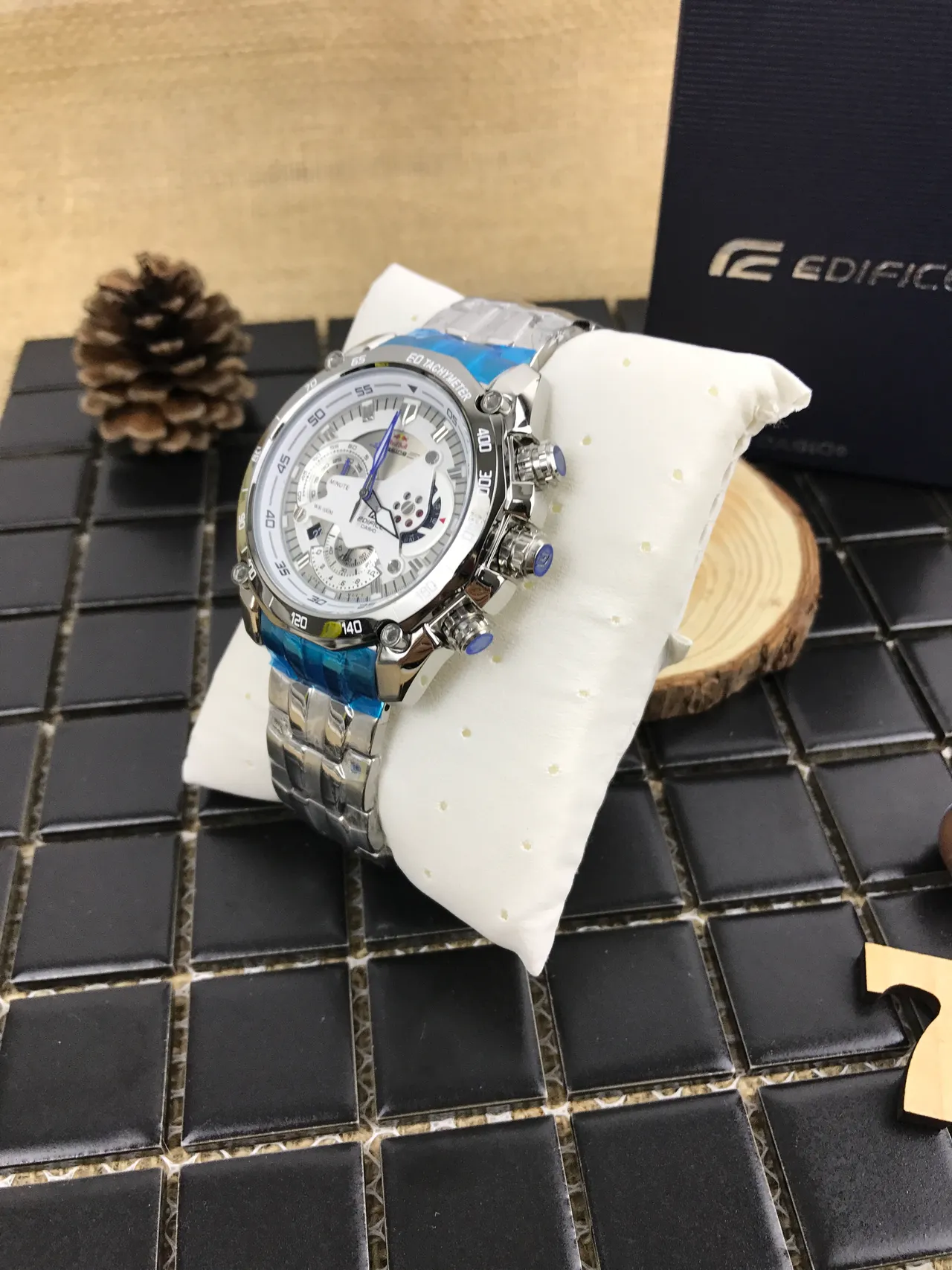 Casio Edifice রূপালী নীল মাল্টি ডায়াল ক্রোনোগ্রাফ ট্যাকিমিটার বেজেল ঘড়ি 9