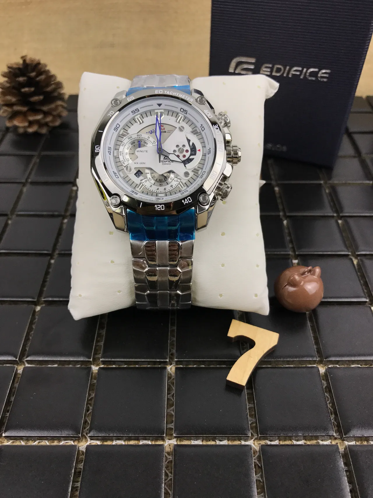 Casio Edifice রূপালী নীল মাল্টি ডায়াল ক্রোনোগ্রাফ ট্যাকিমিটার বেজেল ঘড়ি 10