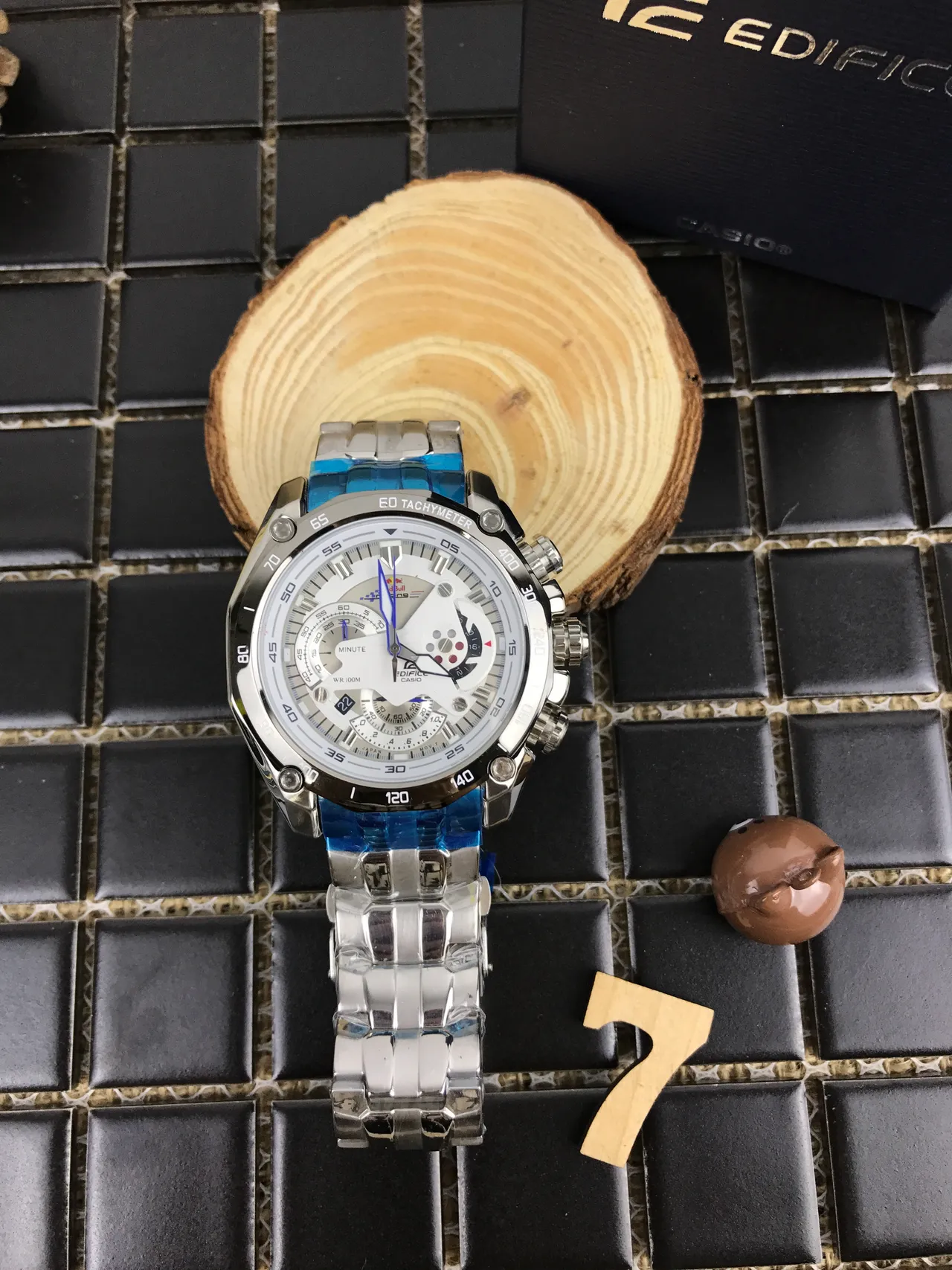 Casio Edifice রূপালী নীল মাল্টি ডায়াল ক্রোনোগ্রাফ ট্যাকিমিটার বেজেল ঘড়ি 11