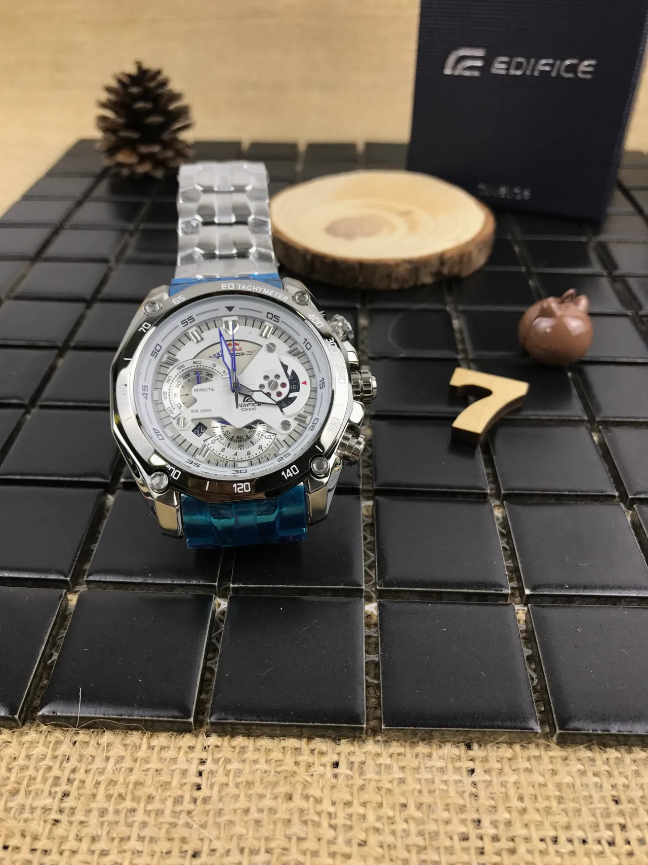 Casio Edifice রূপালী নীল মাল্টি ডায়াল ক্রোনোগ্রাফ ট্যাকিমিটার বেজেল ঘড়ি 12