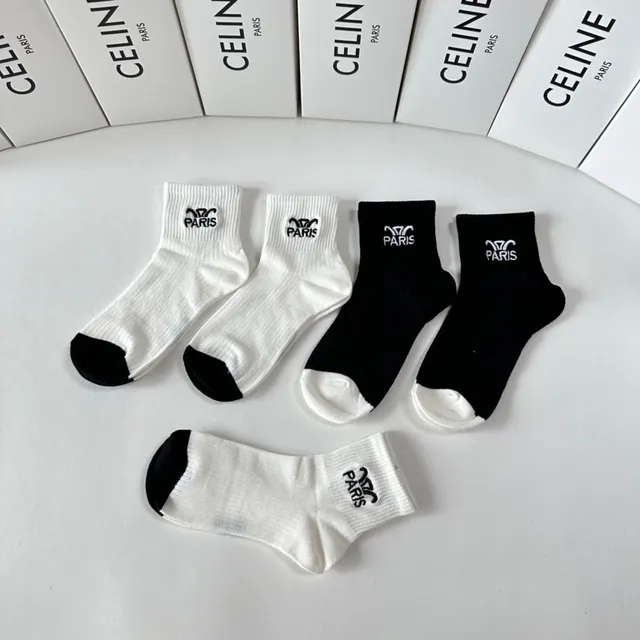 Celine Paris Logo Embroidered Black and White Socks 4