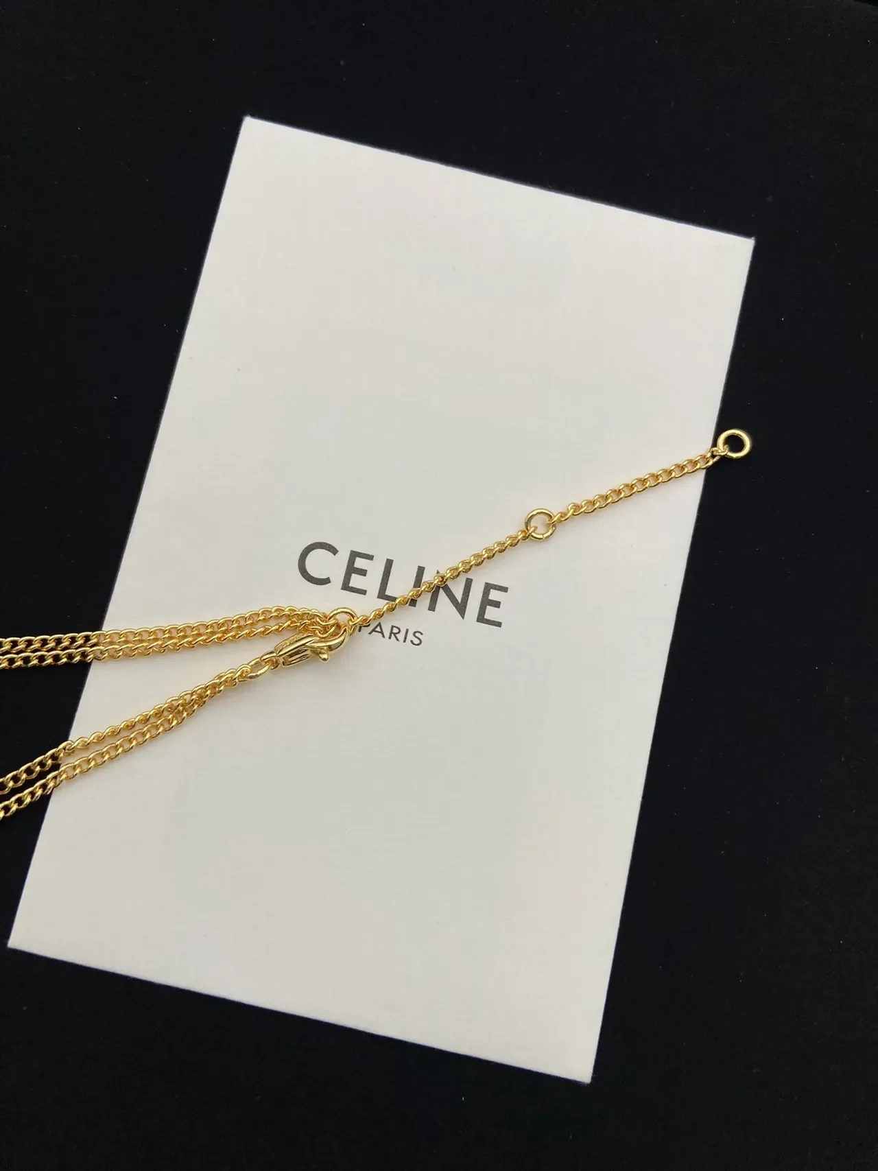 Celine Triomphe Gold White Chain Oval Logo Pendant Necklace 2
