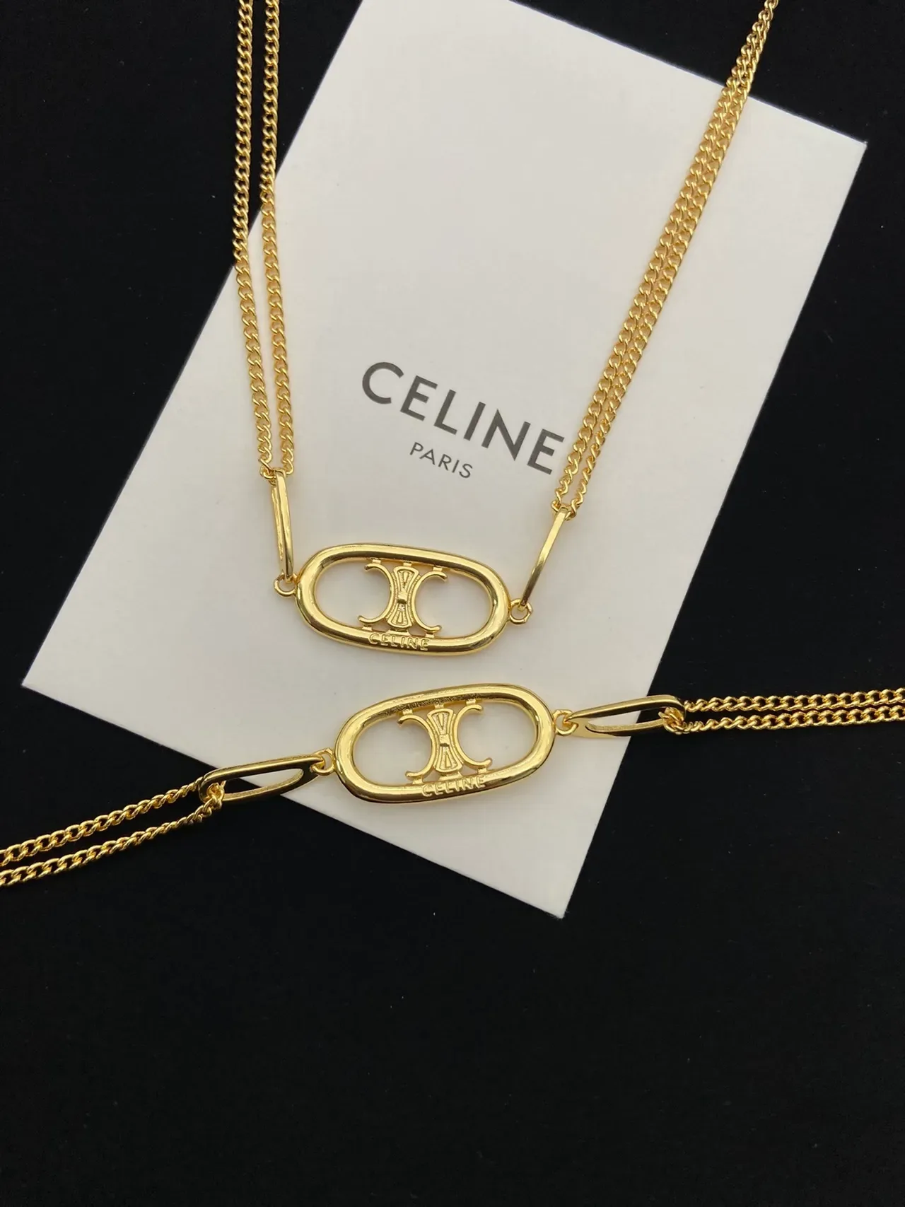 Celine Triomphe Gold White Chain Oval Logo Pendant Necklace 3