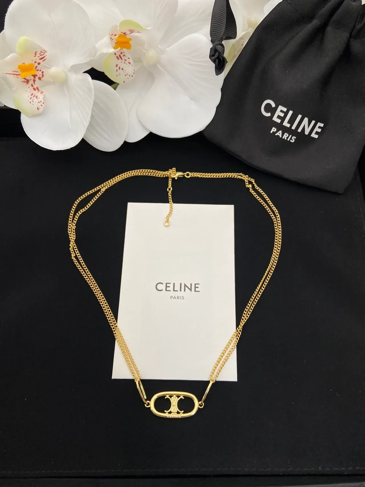 Celine Triomphe Gold White Chain Oval Logo Pendant Necklace 4