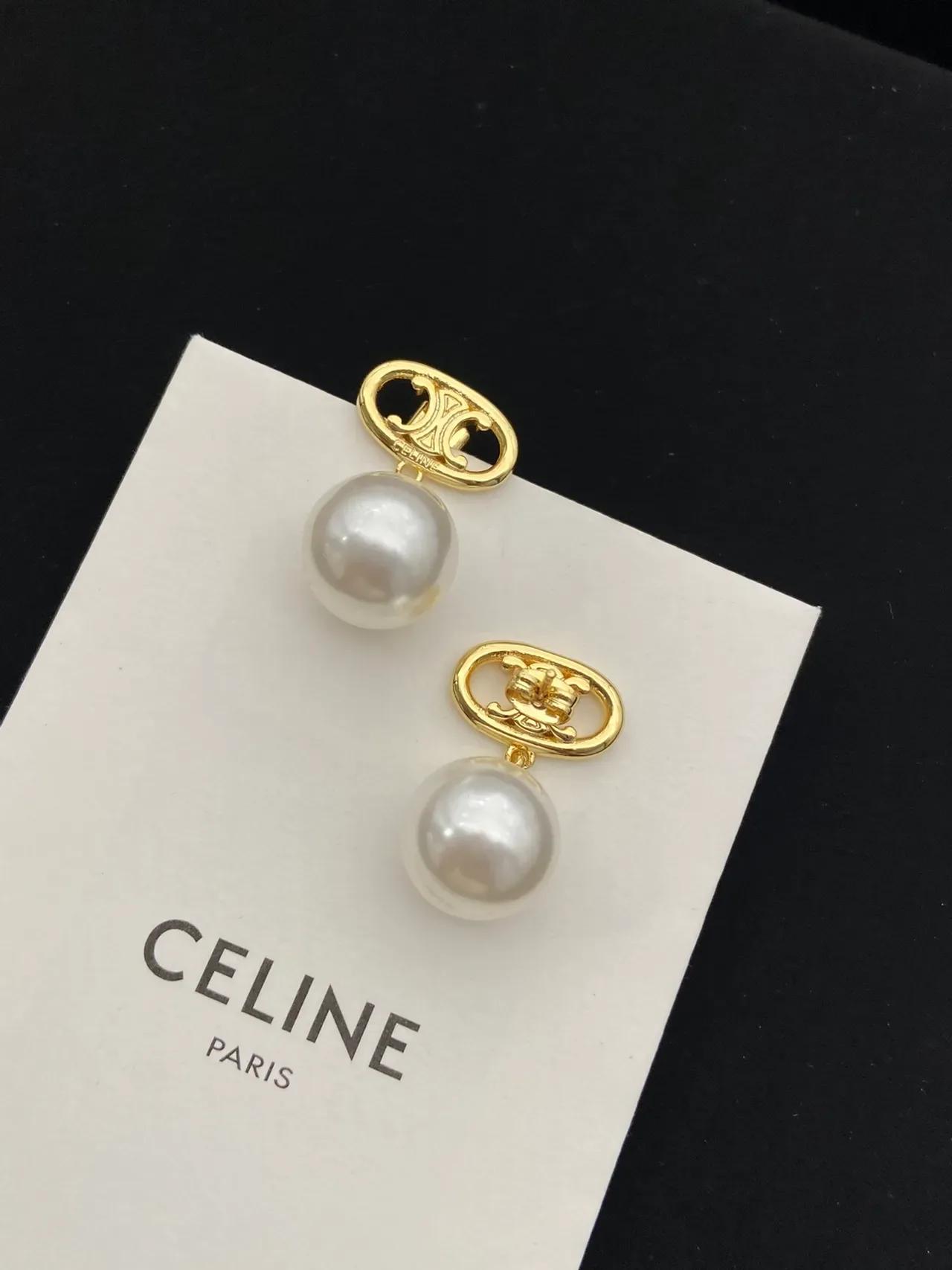 Celine Triomphe Gold White Chain Oval Logo Pendant Necklace 5