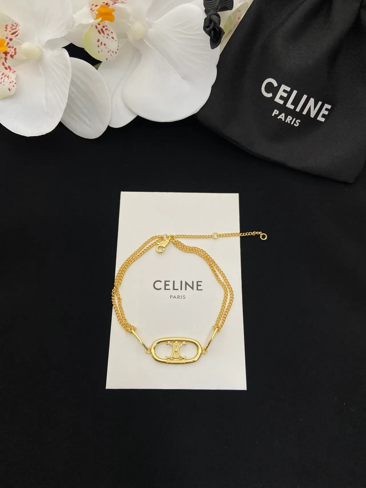 Celine Triomphe Gold White Chain Oval Logo Pendant Necklace 7