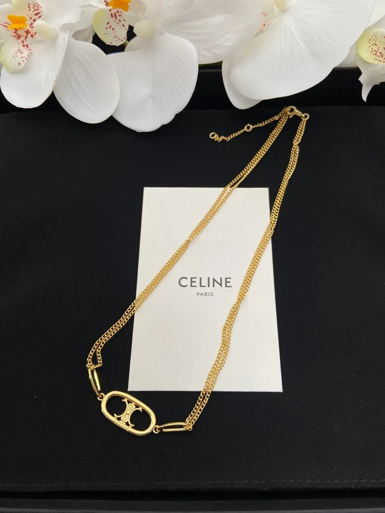 Celine Triomphe Gold White Chain Oval Logo Pendant Necklace 8
