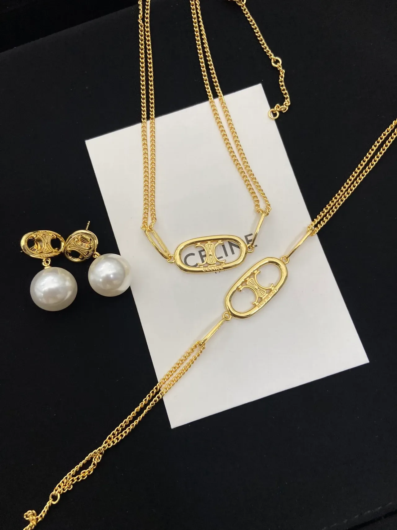 Celine Triomphe Gold White Chain Oval Logo Pendant Necklace 9